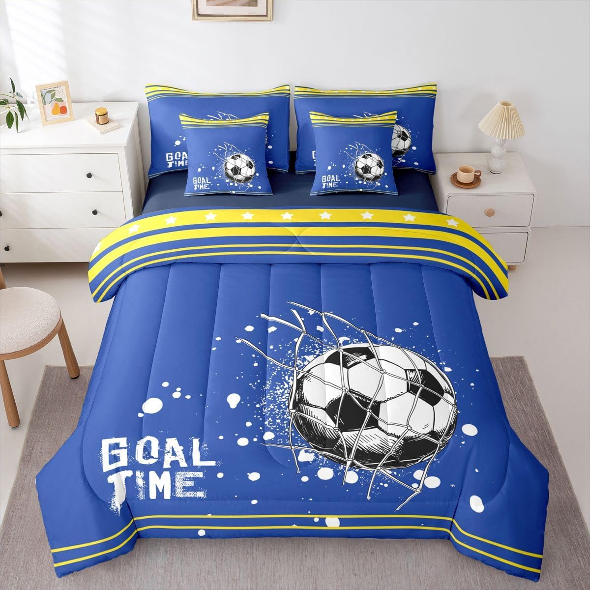 Erosebridal Soccer Twin Size 7 Piece Bedding Set American Football City Bed in A Bag for Boys Teens Bedroom, Sports Games Comforter Set with Sheets Polygon Stars Striped Bed Sets, Sky Blue Yellow