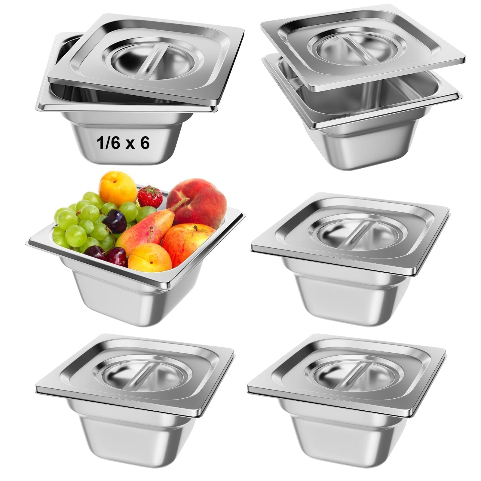 TAIMIKO 6 recipientes de acero inoxidable con tapas, bandeja Gastronorm GN 1/6, 100 mm de profundidad, contenedor de almacenamiento de alimentos Bain Marie Catering, sartenes de 1 mm de grosor (1/6