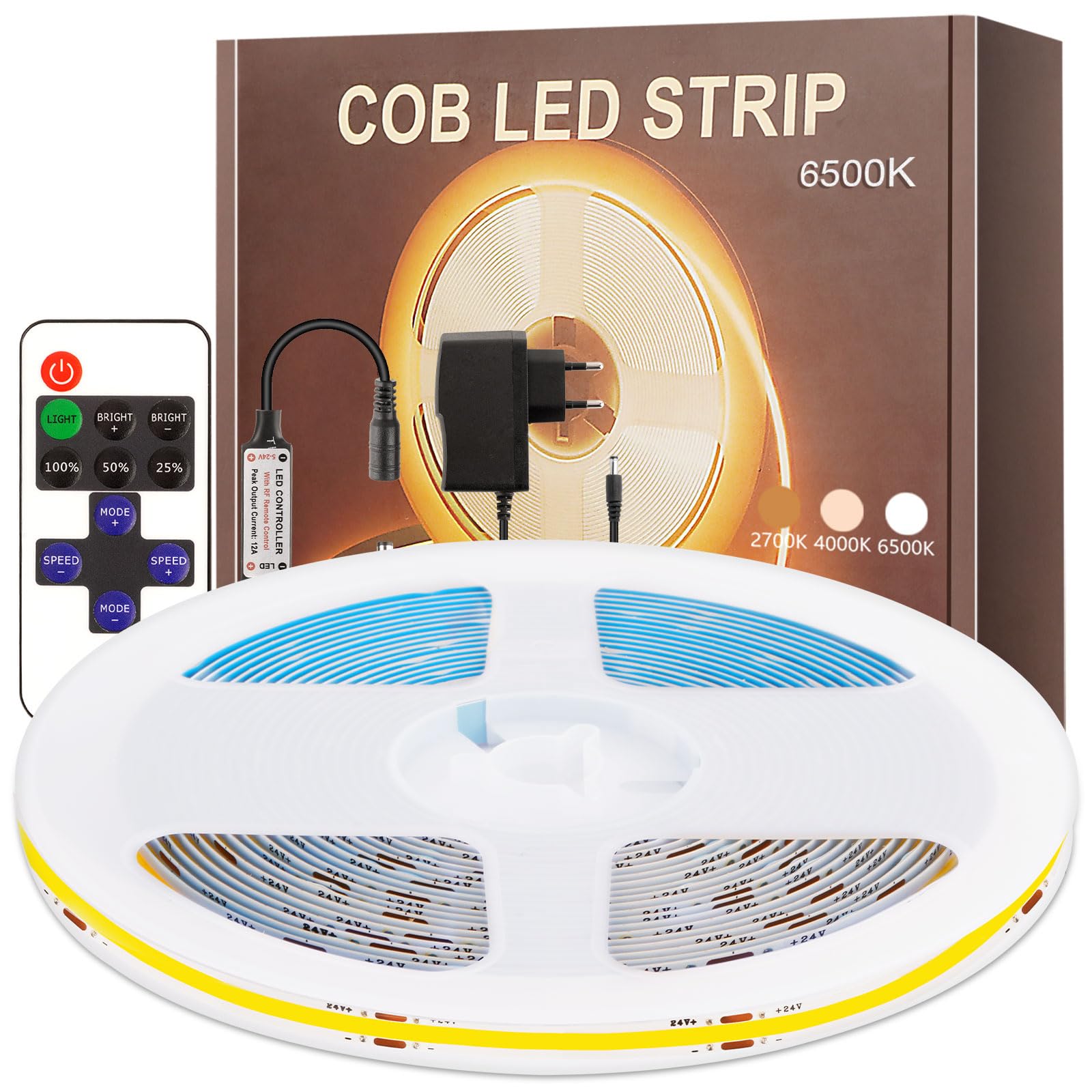 PSTAR 6M COB LED Streifen, LED Band 6500K Dimmbar 320LEDs/M mit Netzteil und Fernbedienung, Lichtleiste Selbstklebend 24V, 8mm Breite für Wohnzimmer, Schlafzimmer, Gaming Zimmer