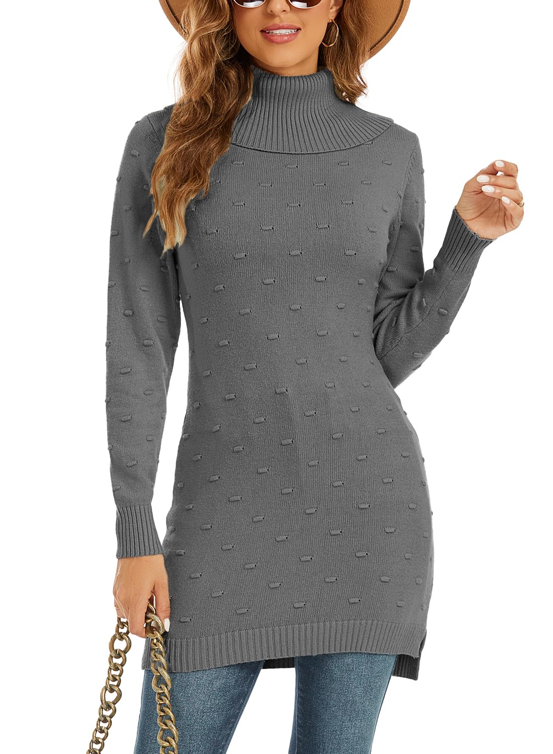 NLAND Maglione Donna Invernale Abito Maglia Lunghe Cuello Casuala Solido Maniche Lunga Adatto Alto Vestiti Elegante Caldo Aderente Pullover Maglia Invernale