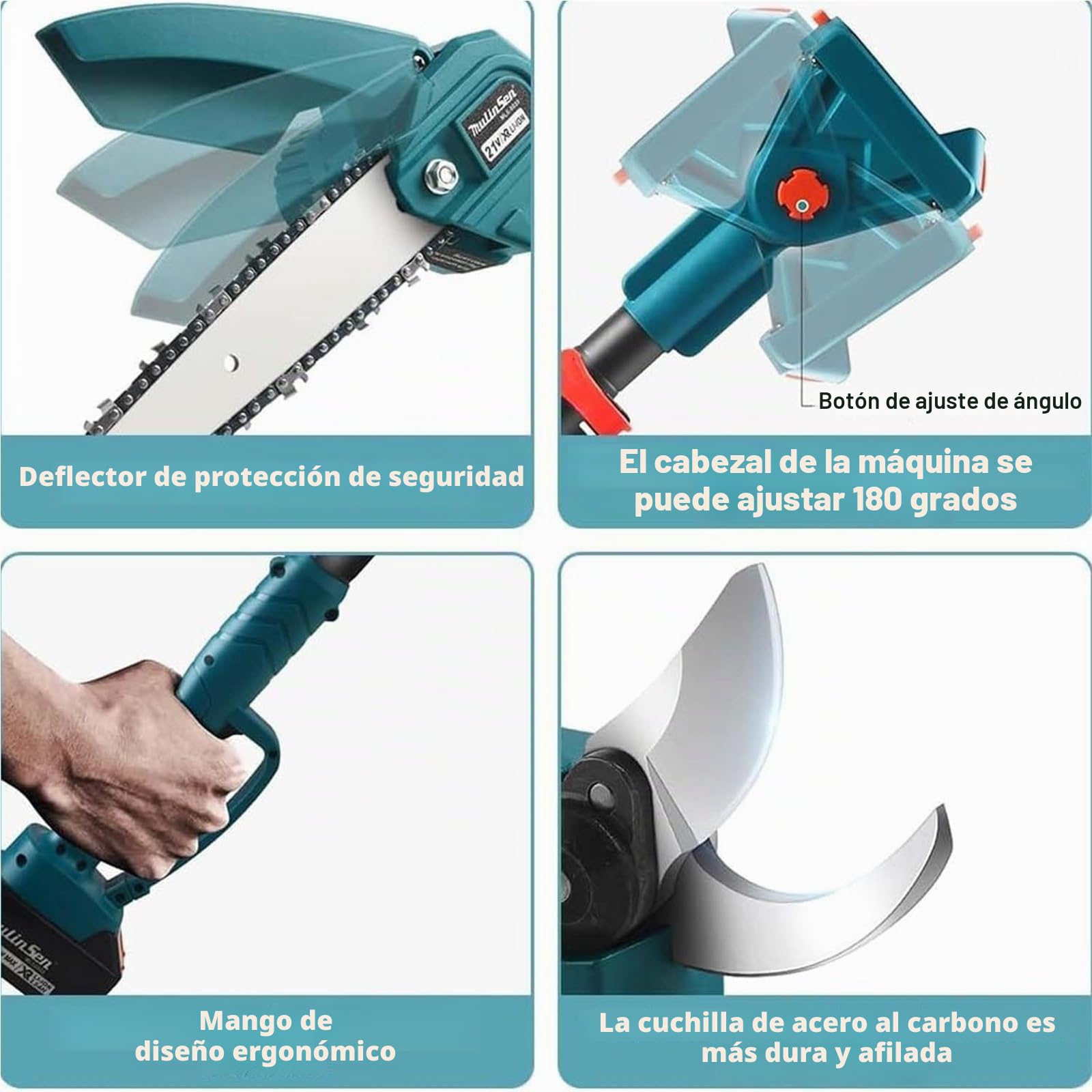 Tijeras de podar eléctricas 4 en 1 mejoradas, mini motosierra inalámbrica de 8 pulgadas con pértiga de extensión de 125-220 cm y 2 baterías de 1,3 Ah, podadora de ramas y ramas
