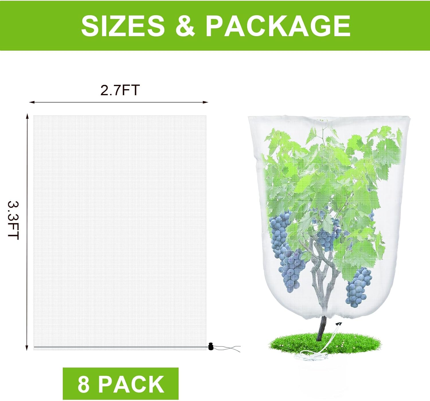 JERIA 8 Pack Insect Barrier Mesh Netting,3.3ft x 2.7ft Gardens Netting with Drawstring,Plants Cover Protection Netting for Blueberry Bushes, Fruit Trees