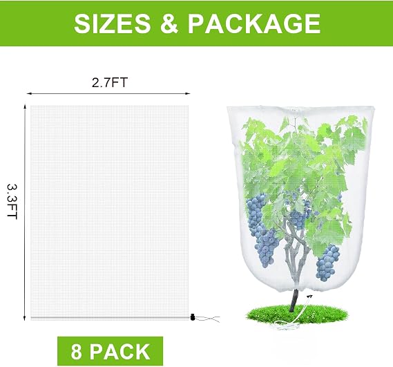 JERIA 8 Pack Insect Barrier Mesh Netting,3.3ft x 2.7ft Gardens Netting with Drawstring,Plants Cover Protection Netting for Blueberry Bushes, Fruit Trees