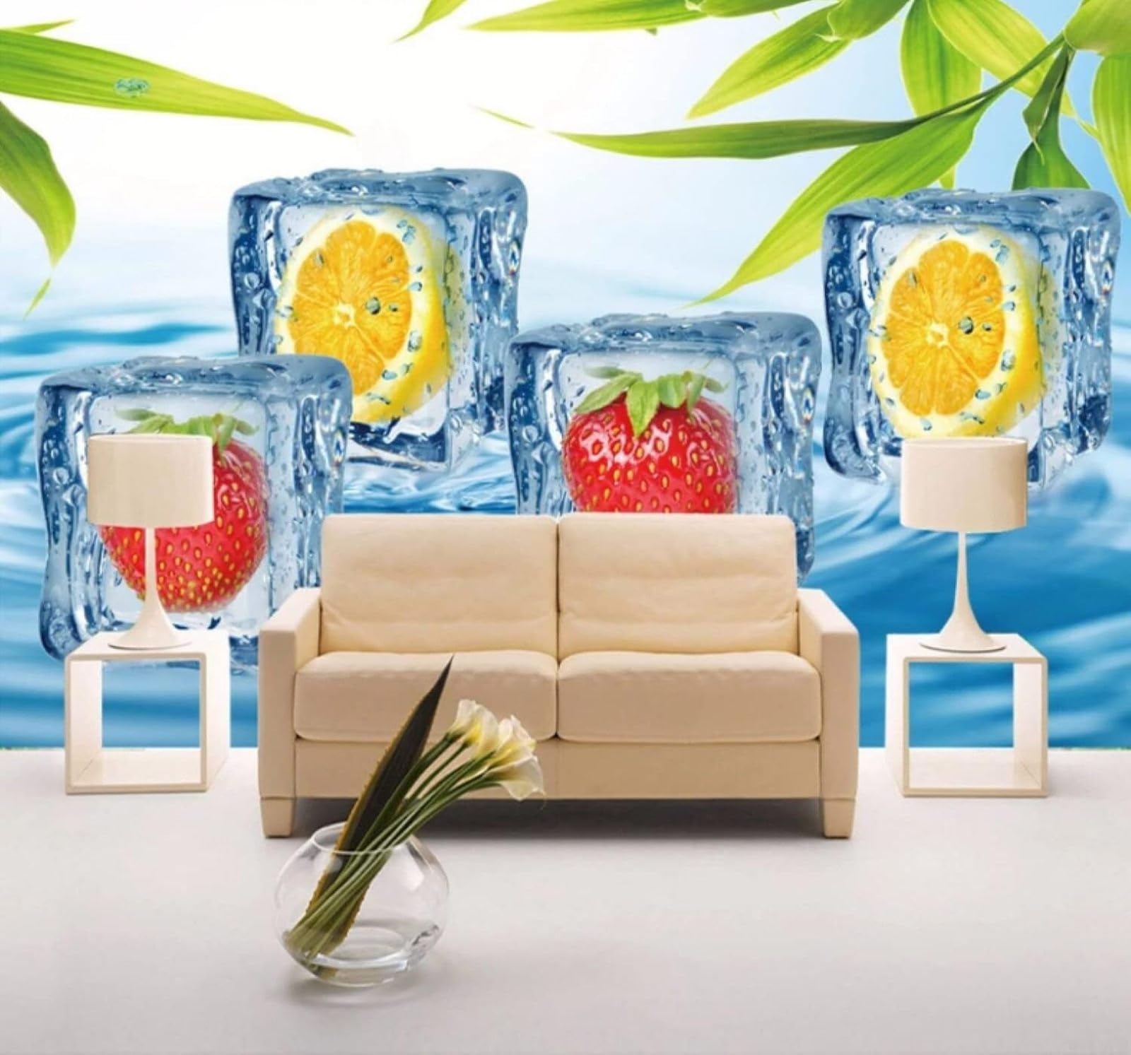 Wallpaper-3D-Xlm 250Cm×170Cm(B×H) Three Dimensional Fresh Fruit Ice Cubes Green Leaves 3D Wallpaper Easy Install Feature Office Living Room Sofa Bedroom Tv Background Wall Decoration-250Cm×170Cm