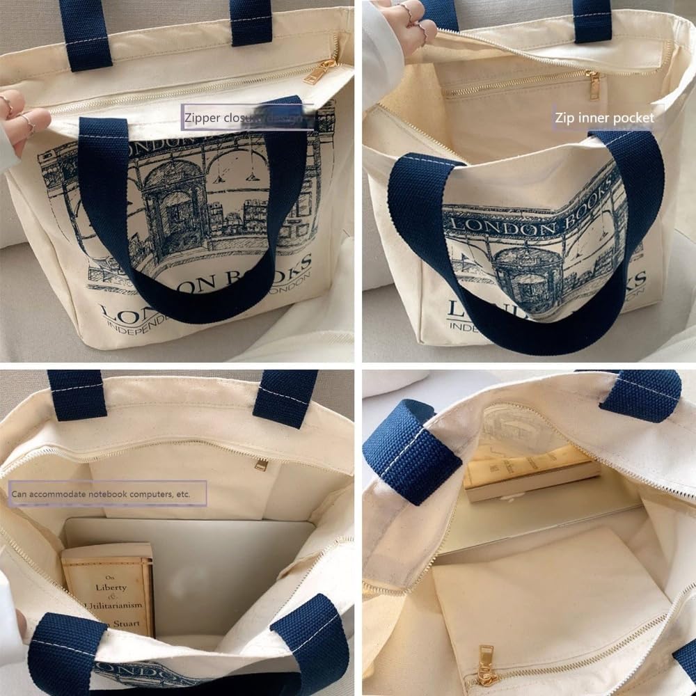 Vintage London Bookstore Canvas Bag Women's One Shoulder Tote Bag Large Capacity Shopping Bag