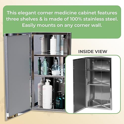 Miniatura 5 de Renovators Supply Manufacturing Gabinetes de medicina de 23.6 pulgadas x 11.8 pulgadas. Armario de medicina de acero inoxidable con esquina infinita