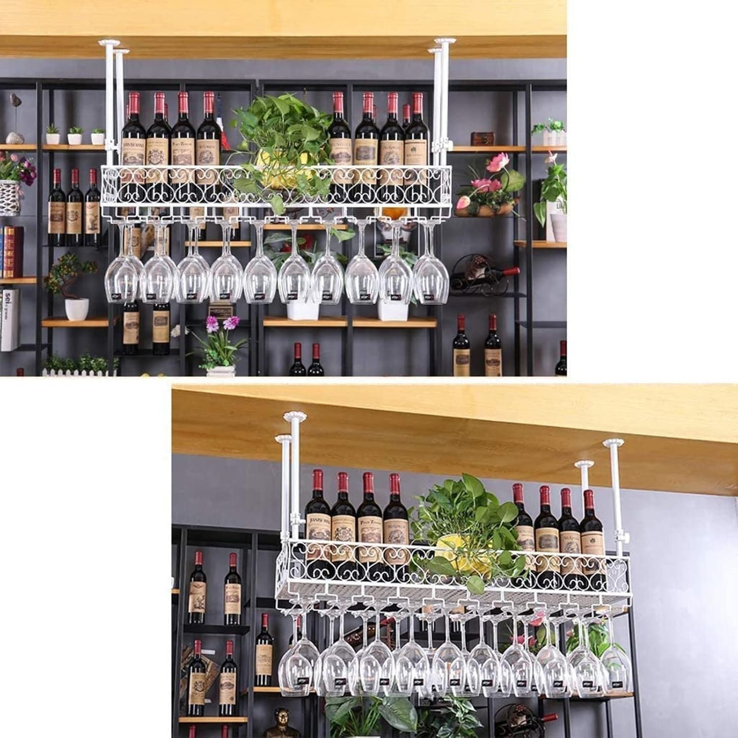 Ceiling Wine Glass Rack Ceiling Iron Wine Rack,Adjustable Height,Industrial Metal Wine Bottle Holder,White Stemware Holder,Restaurants/Bars/Home Decorative Storage Shelf