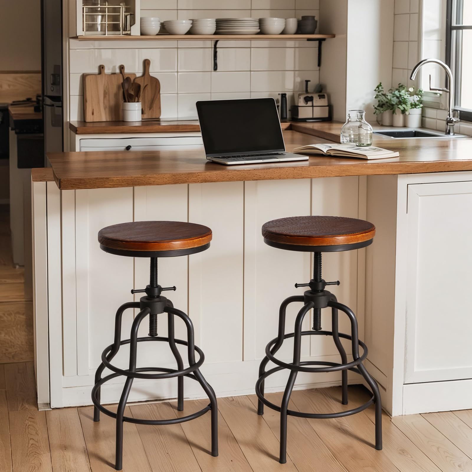 Diwhy Industrial Vintage Counter Stool, Kitchen Counter Height Adjustable Swivel Chair, Metal Frame Stool, 23.6-29.5 Inch, Fully Welded Base, Set of 2, Brown Wood, Increase Height