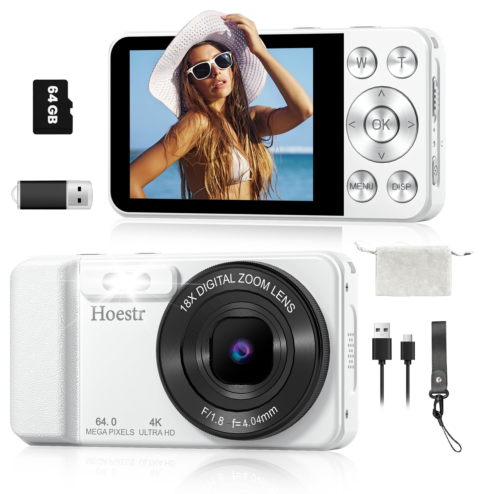 64MP 4K Digital Camera, 18X Zoom Autofocus Point and Shoot Compact Camera with 64GB TF Card, Flash, 2.8" LCD Screen for Teens Adult Beginner Travel Photography Vlogging（White）
