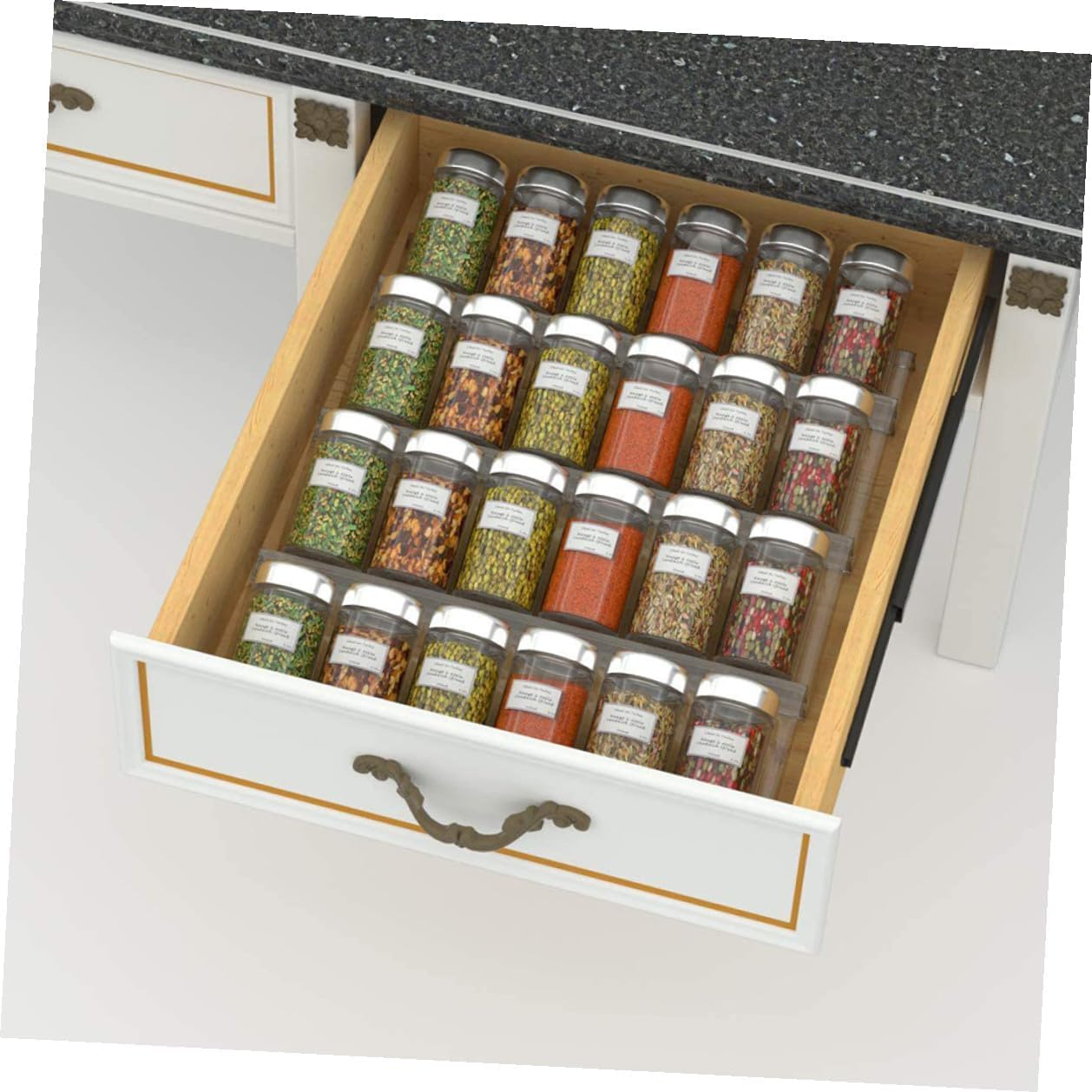 Expandable Acrylic Spice Bottle Rack Drawer Organizer Tiered Seasoning Storage for Kitchen Countertop