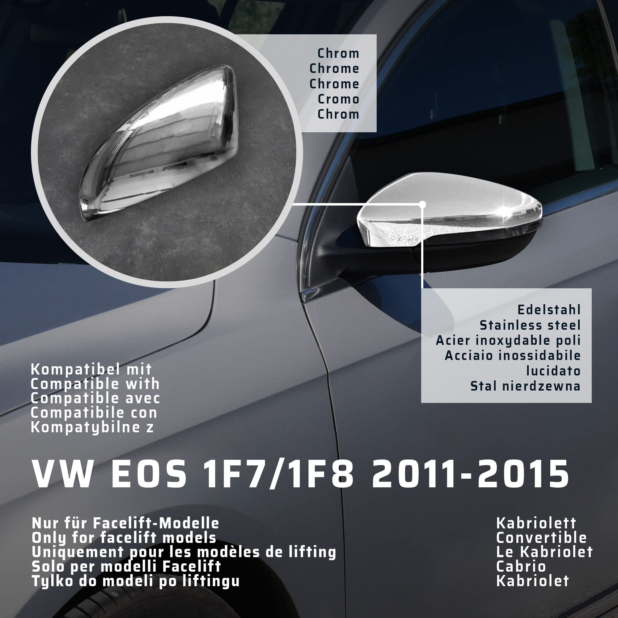 CHROMEMASTER | Nakładki na Lusterka Zewnętrzne | Kompatybilne z VW EOS 1F7/1F8 Cabriolet 2011-2015 | Stal nierdzewna; Osłony Lusterek to Niepowtarzalny Wygląd Auta i Ochrona Przed Uszkodzeniem