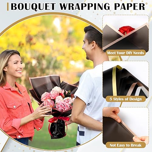 Miniatura 6 de AmazingSpark 100 hojas de 5 estilos de papel de regalo de flores negras, impermeable, papel de regalo de ramo de flores, embalaje para manualidades,
