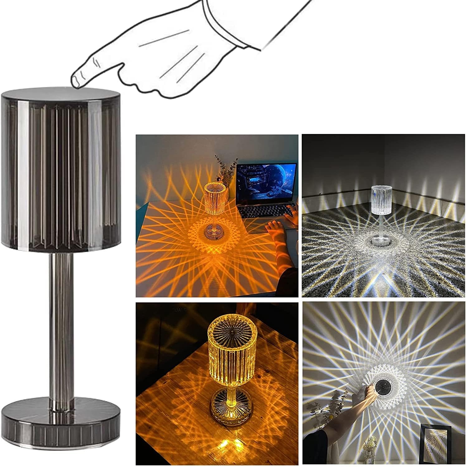 Lámpara de cristal Gatsby de control táctil, lámpara de mesa moderna con control remoto, 3 colores cambiantes de mesa, luz recargable por USB, increíble lámpara de mesa romántica(gris)