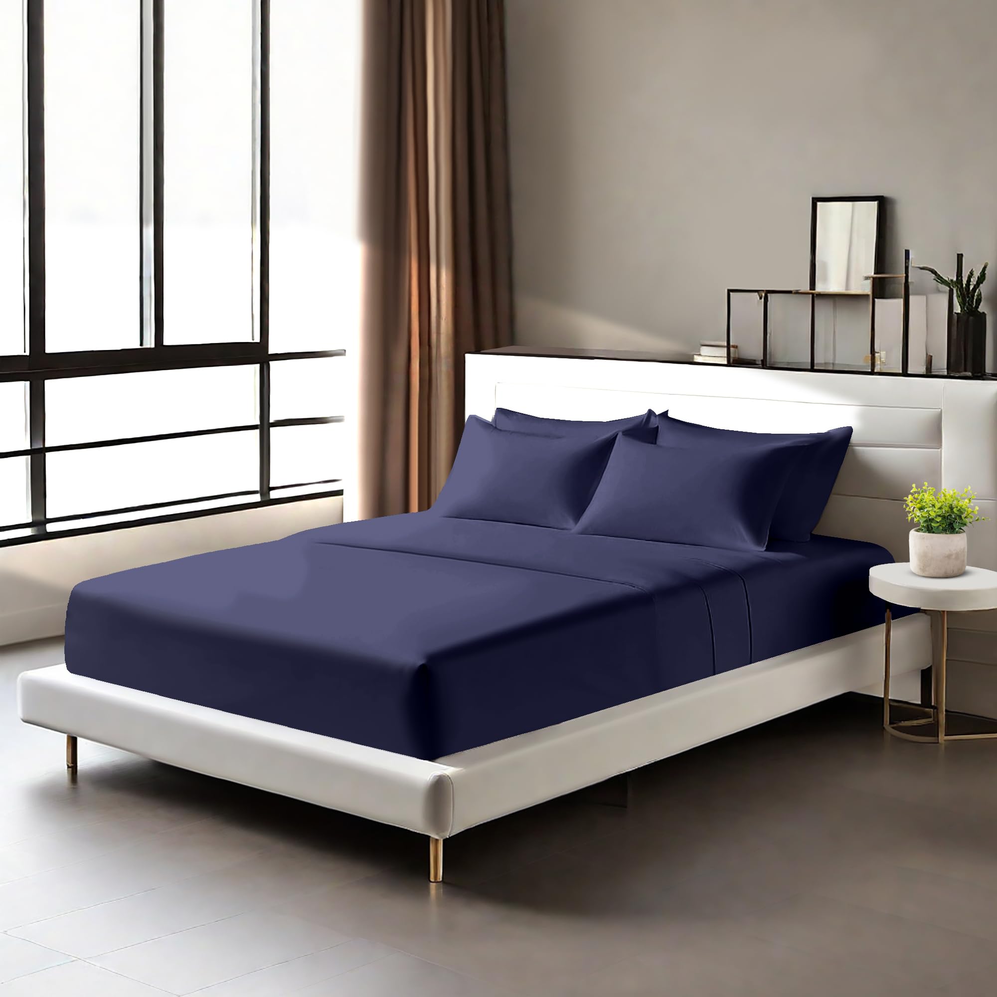 Egyptian Cotton Fitted Sheets 25cm Deep Mattress Pocket 200 Thread Count Fitted Bed Sheet- Soft & Comfortable Bottom Sheet (Navy - Image 2