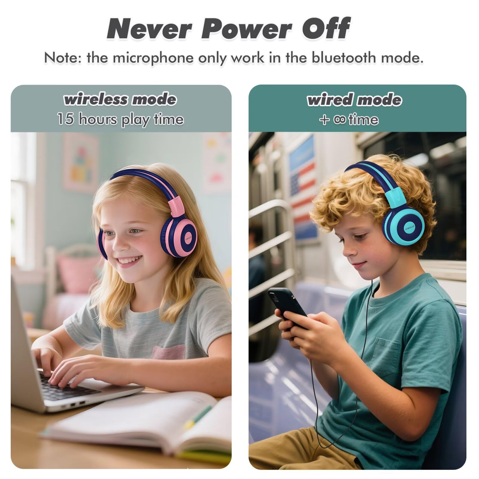 SIMOLIO Auriculares inalámbricos Bluetooth para niños con micrófono, Protección auditiva Auriculares para niños, Volumen Limitado, Puerto compartido, Sonido Estéreo, 15 Horas Reproducción, AUX Cable