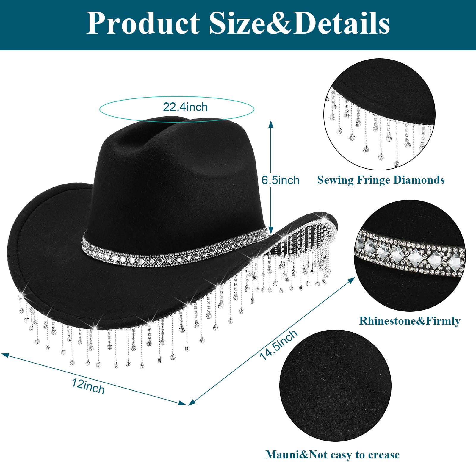 Hercicy Cowgirl Outfit for Women Rhinestone Cowboy Hat with Bling Cuban Link Chain Necklace Bracelet Circle Earring(Black)