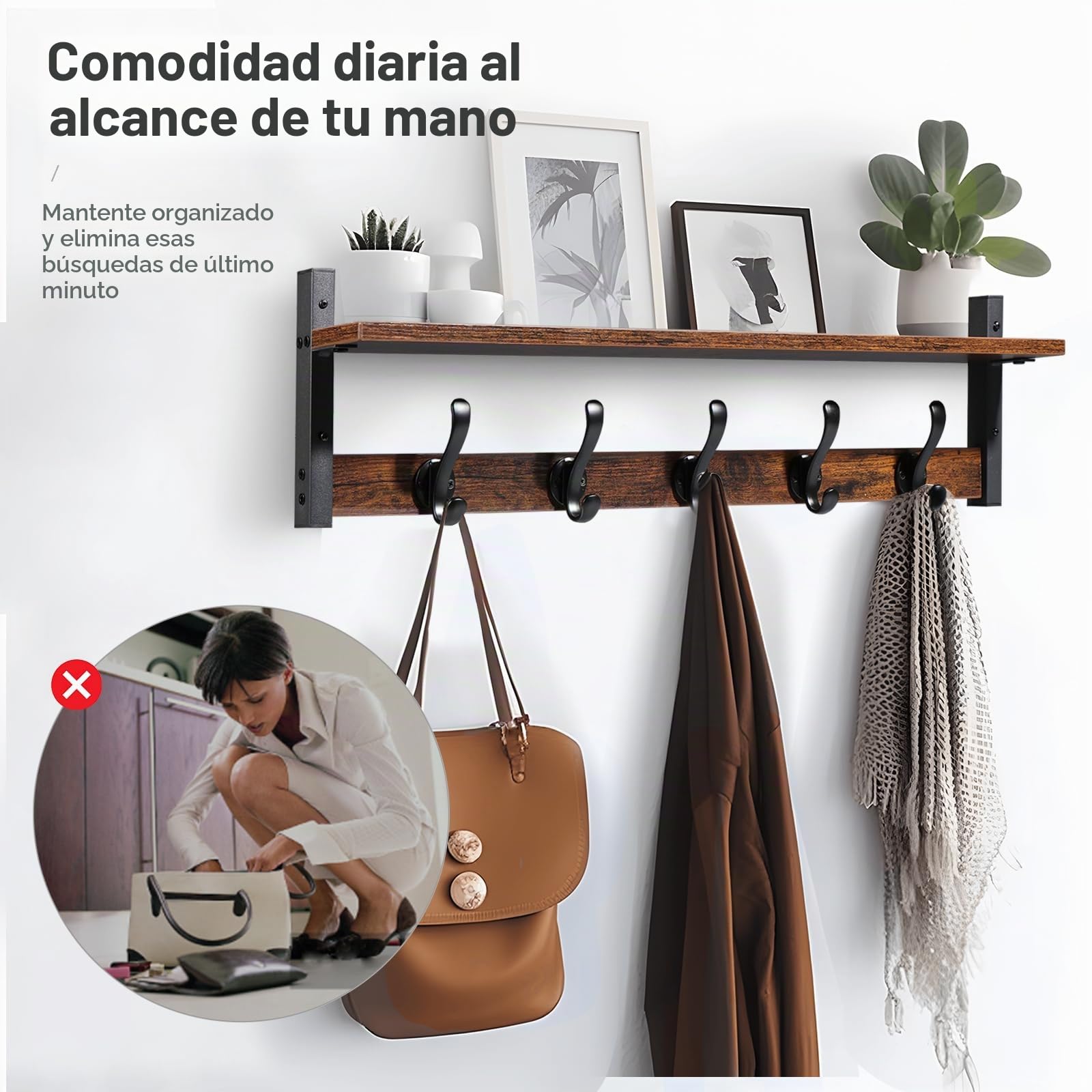 Tatub Perchero de pared de 29 pulgadas con estante, ganchos de pared con estante, estante flotante de entrada con 5 ganchos de metal, perchas para entrada, sala de estar, dormitorio, marrón rústico