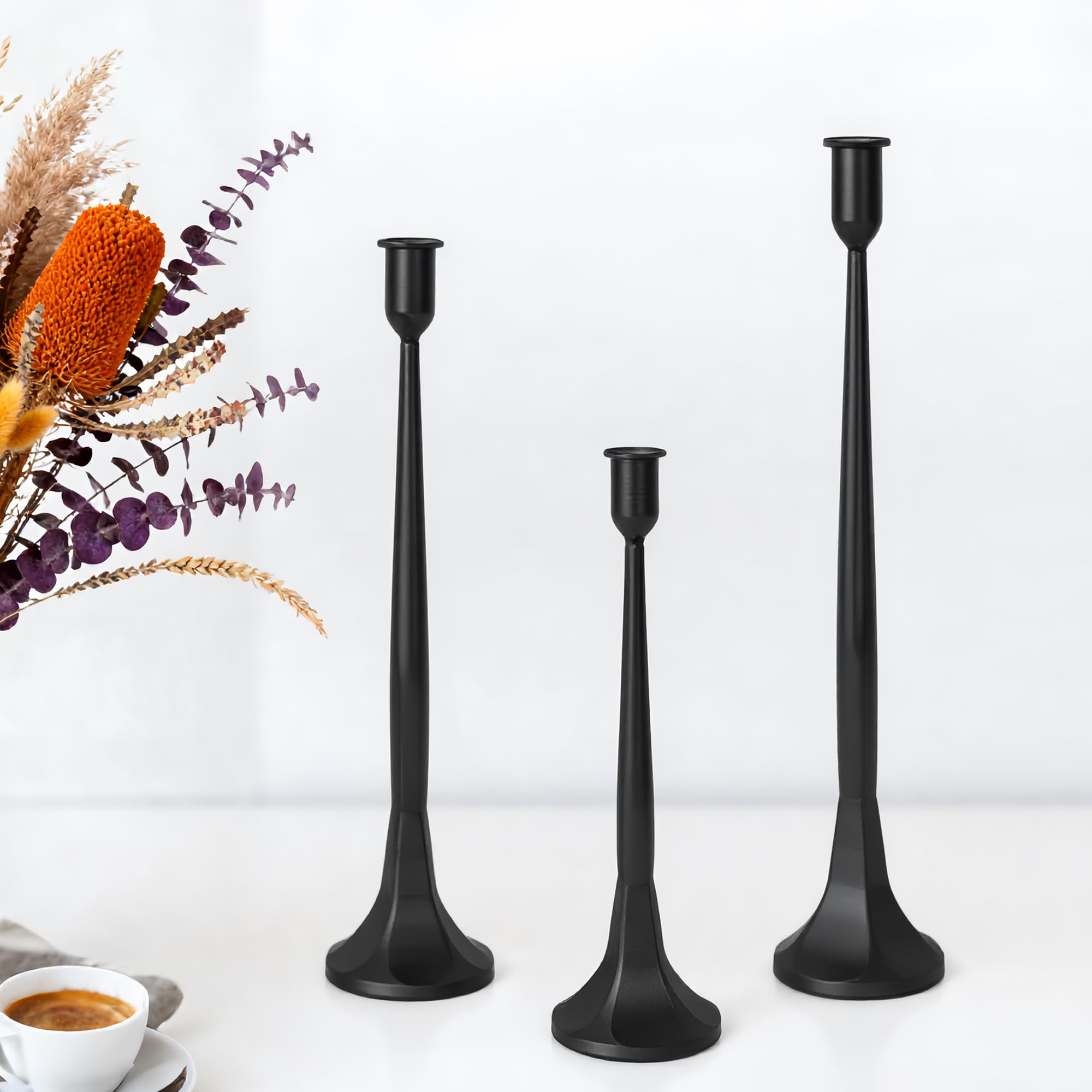 Kerzenhalter aus Eisen, 3er-Set, verschiedene Höhen, Gusseisen, passend für 2,2 cm dicke Kerzen, dekorativer Kerzenständer für Esstisch, Hochzeitsdekoration, Party, Heimdekoration (schwarz)