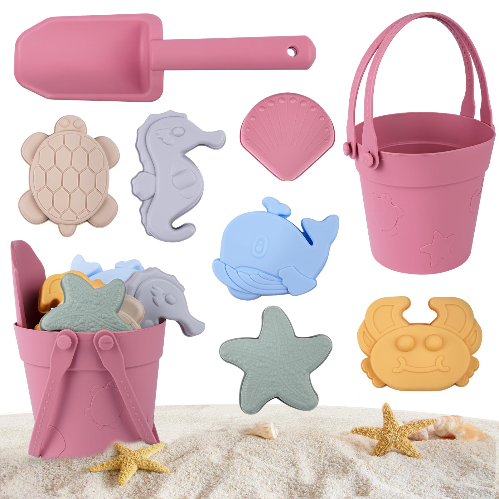 HOTUT Silicone Sand Toys for Kids, 8 PCS Kids Beach Sand Bucket Set with Bucket, Shovels and Sea Animal Soft Molds, Beach Toy for Kids for Beach Party Camping and Summer Activities - Wine Red