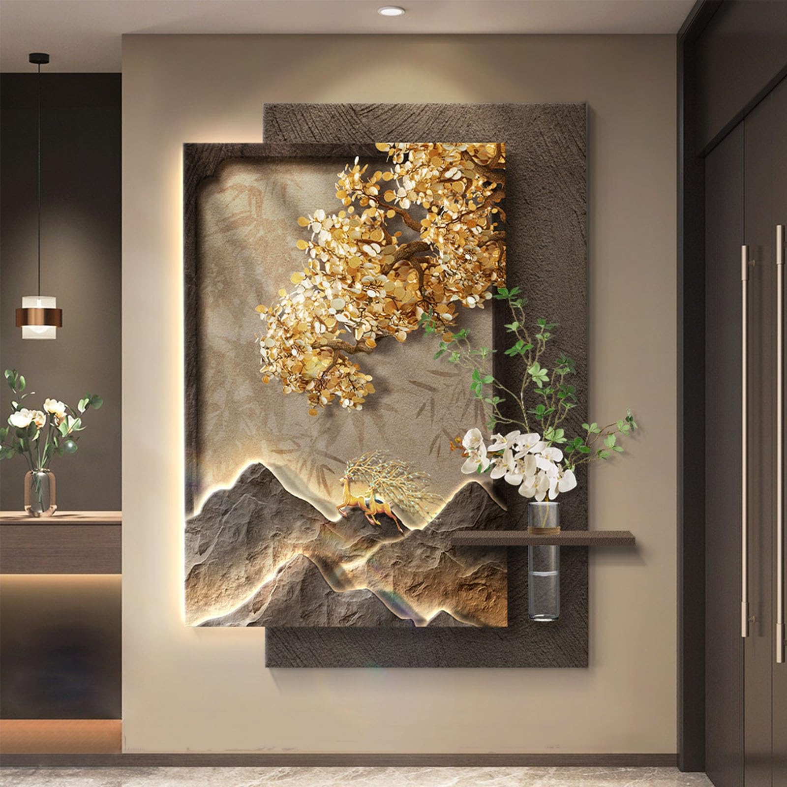 Decoración De Pared Con Luces LED, Gran Cuadro Decorativo Con Forma De Árbol De La Fortuna Con Luces E Interfaz USB, Pintura Decorativa Sin Marco De Arenisca Para La Entrada(D,50 * 70cm)