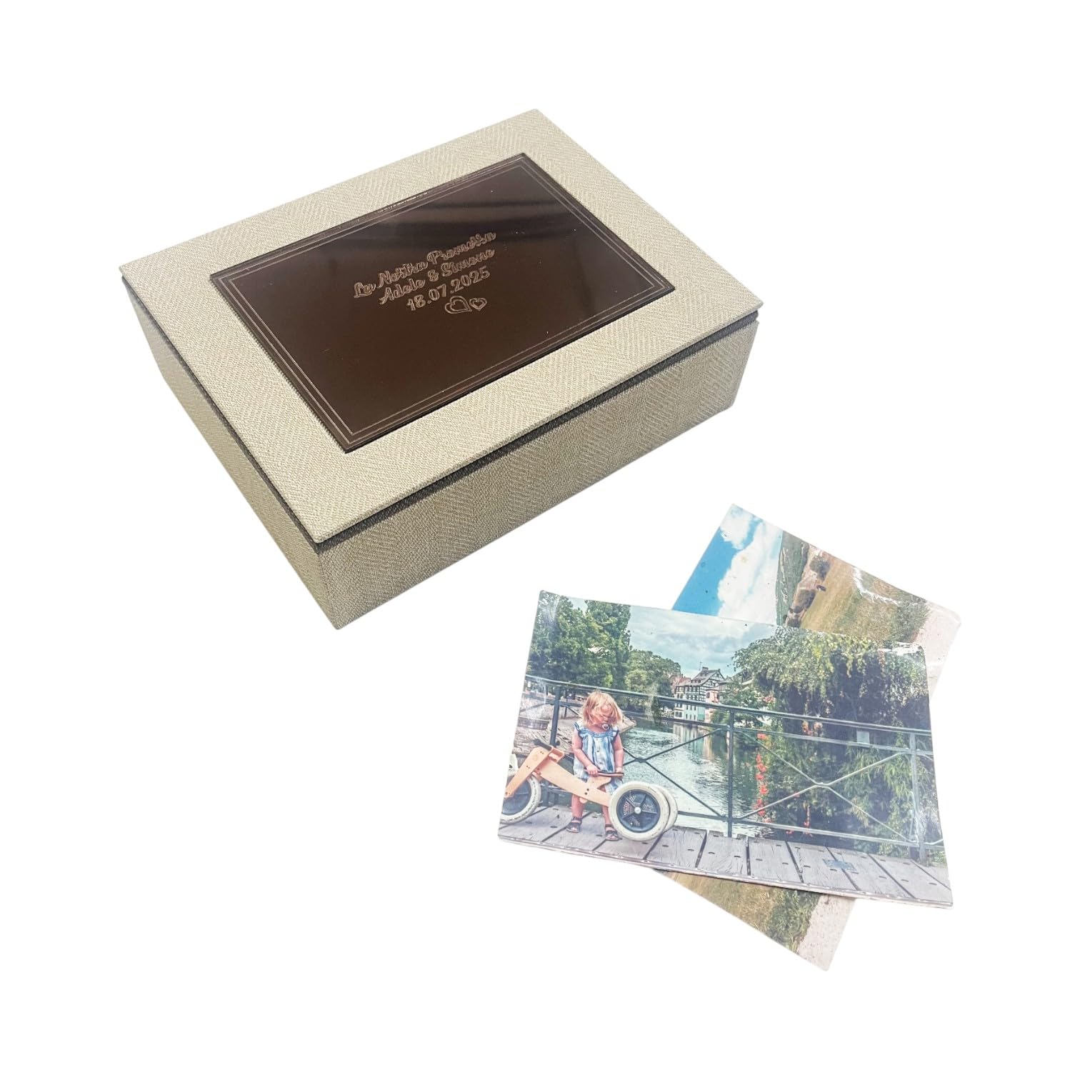 Caja portafotos - Box Mirror - cierre magnético, toda de madera recubierta con piel sintética, con placa de plexiglás espejo, personalizable con grabado, en varios formatos, idea de regalo, eventos