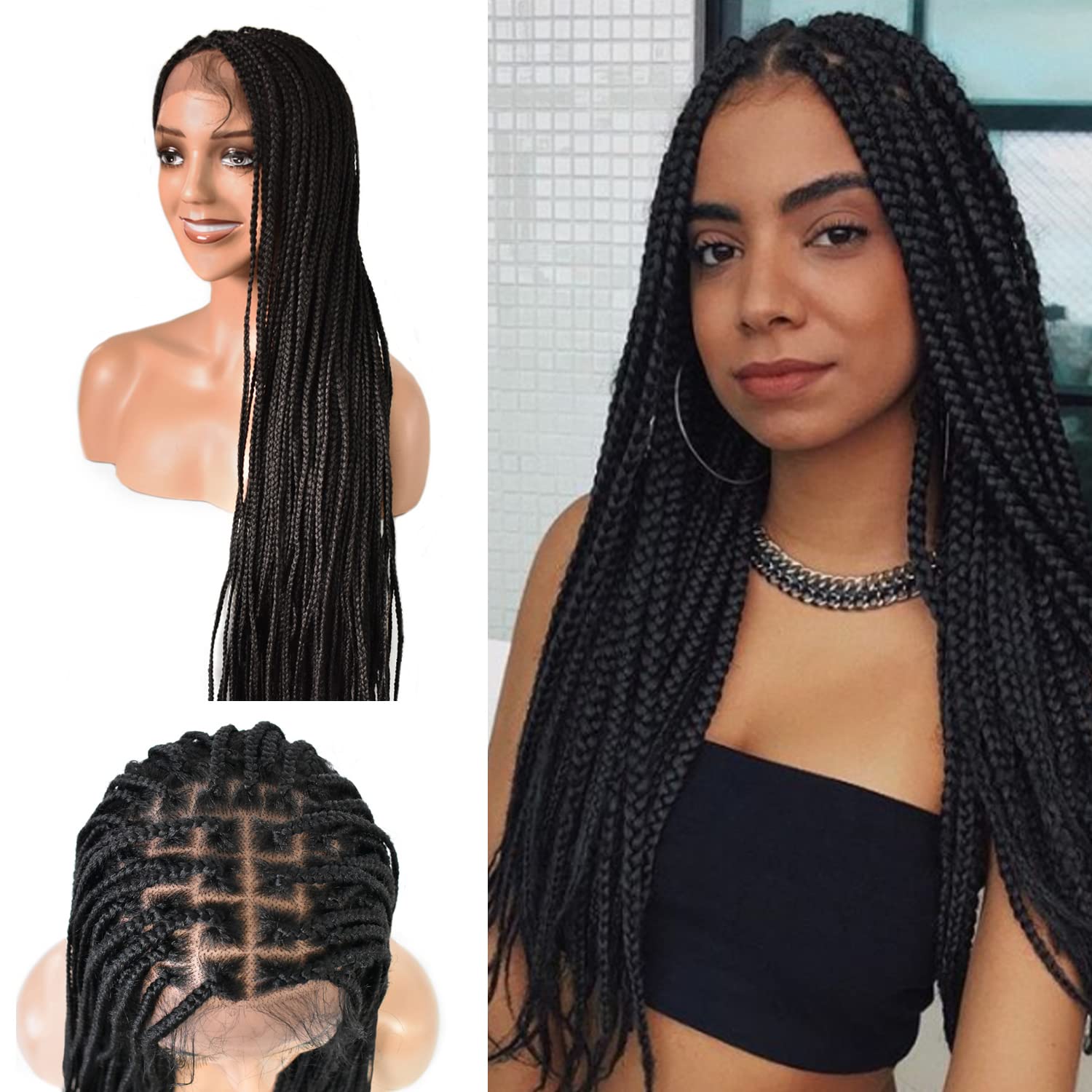 31 Inch Lace Front Braided Wigs For Black Women With Baby Hair Micro Twist Box Braids Wig 4 3/4" x12 1/2" Lace Frontal Kanekalon Synthetic Fiber Heat Friendly African Braiding Hair (#1B Black)