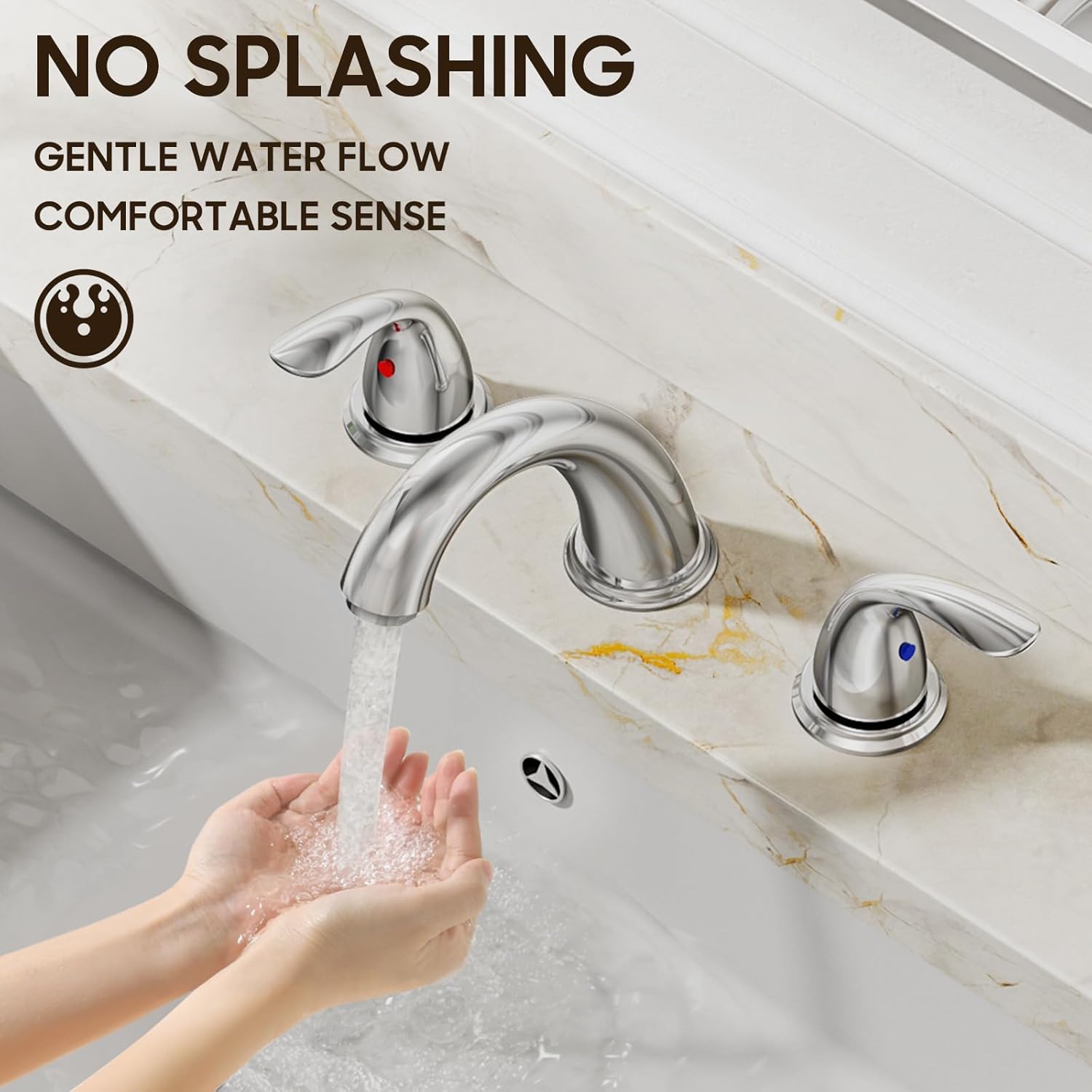 Phiestina Chrome 8 Inch 3 Holes Widespread Bathroom Sink Faucet 3 Pieces 2 Handles Low-Arc with Copper Pop Up Drain and Valve, WF008-5-C