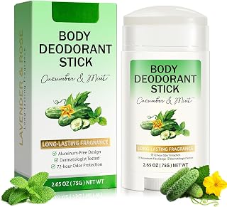 Cucumber & Mint Whole Body Deodorant Stick, Aluminum Free Deodorant for Women & Men, 72 Hour Odor Protection for Underarms, Neck, Belly Button, Wrist & More, 75g/2.65oz