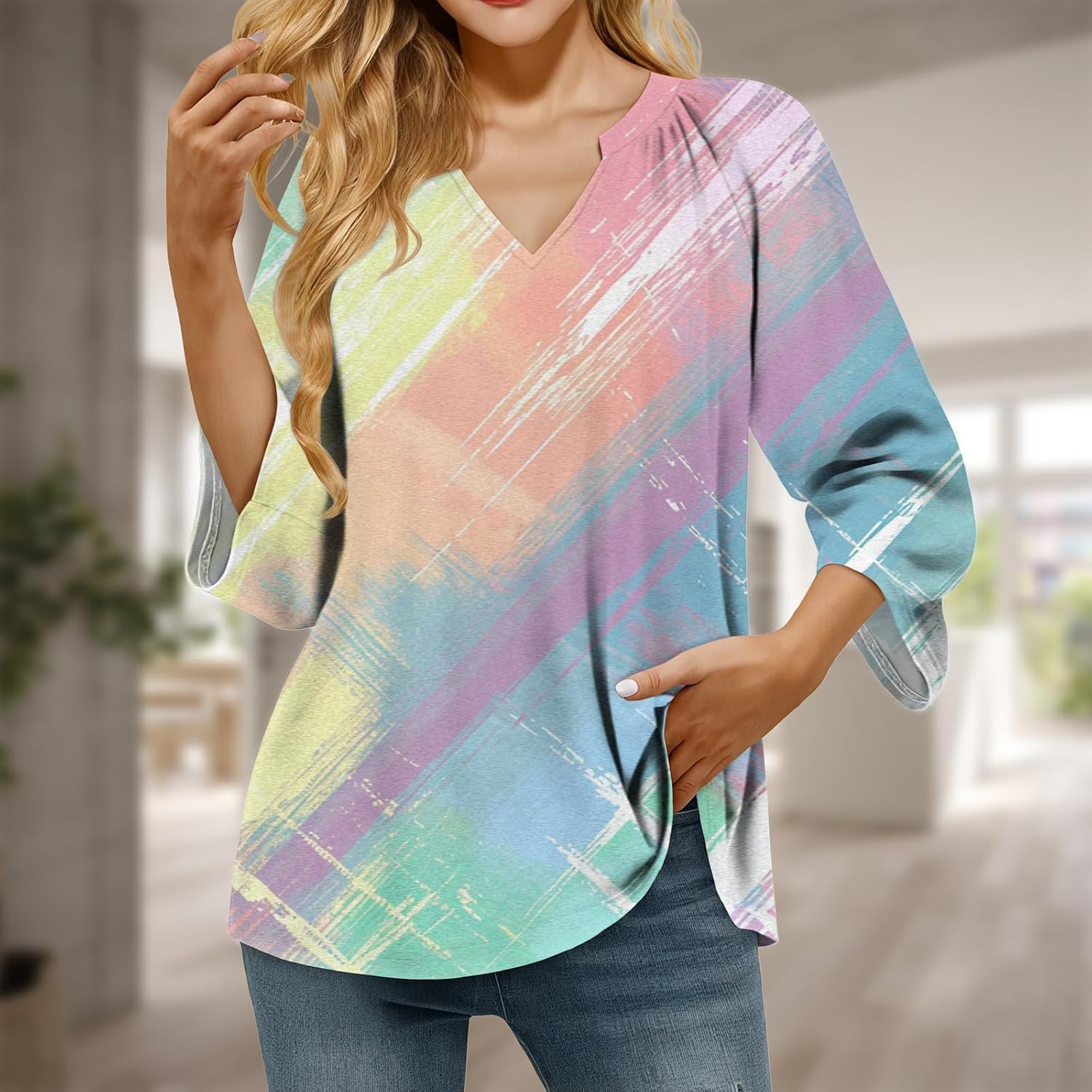 Retro Breathable Shirt for Women Vintage Novelty Stylish Boho Loose Fit 3/4 Sleeve V Neck Tops Summer Undershirt - Image 2