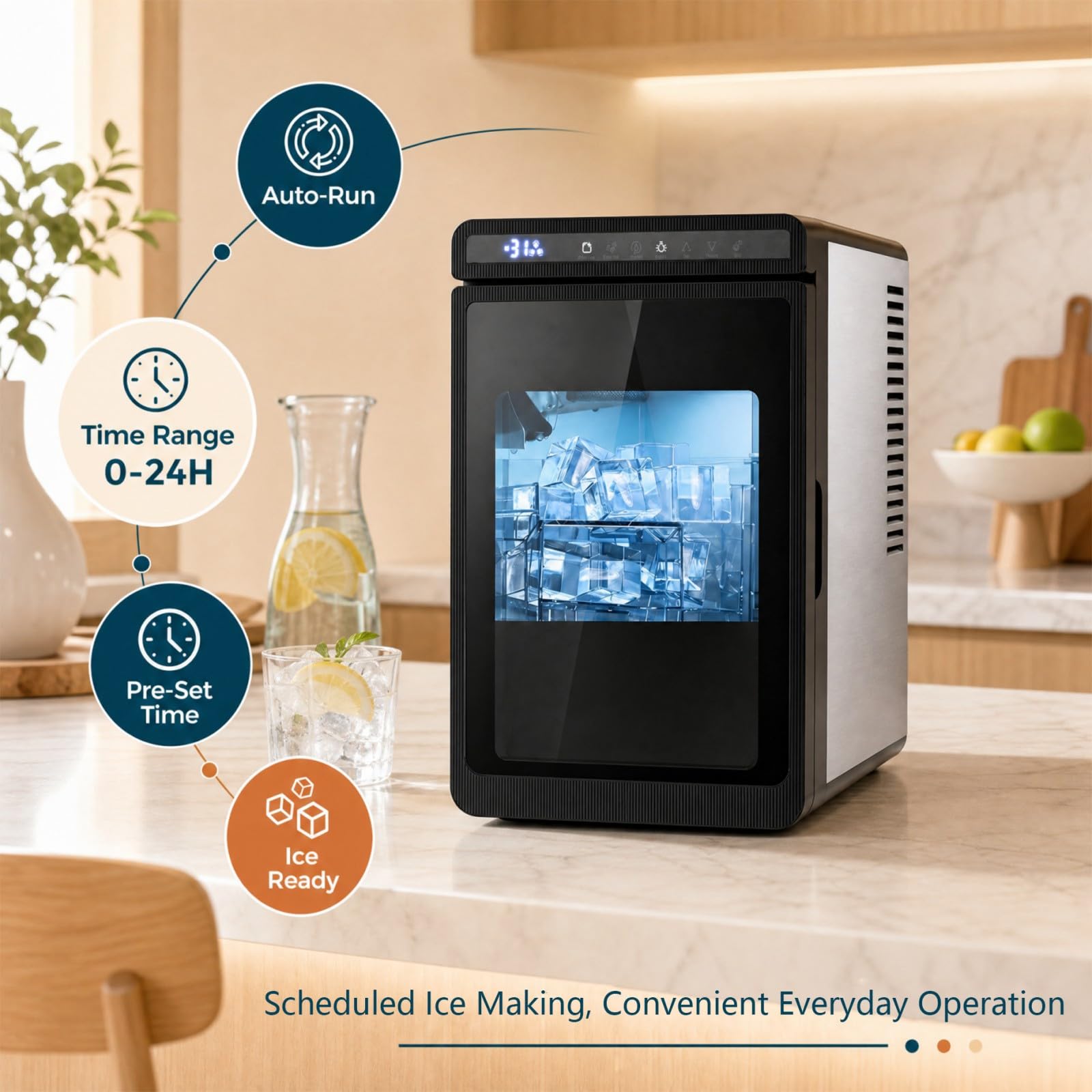 Lifezeal - Máquina de hielo transparente de 12 kg/24 h, máquina de hielo de encimera, fábrica de hielo cuadrado de 4 cm de hierro fundido lento con temporizador de 24 horas, limpieza automática para