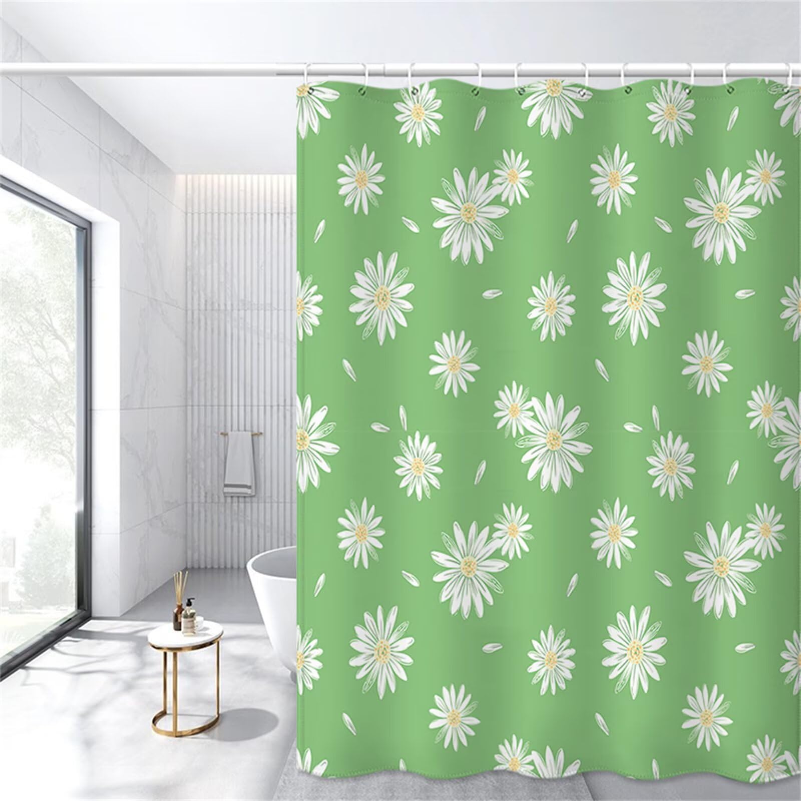 Vert rideau de douche motif blanc pour une décoration de salle de bain d'hôtel