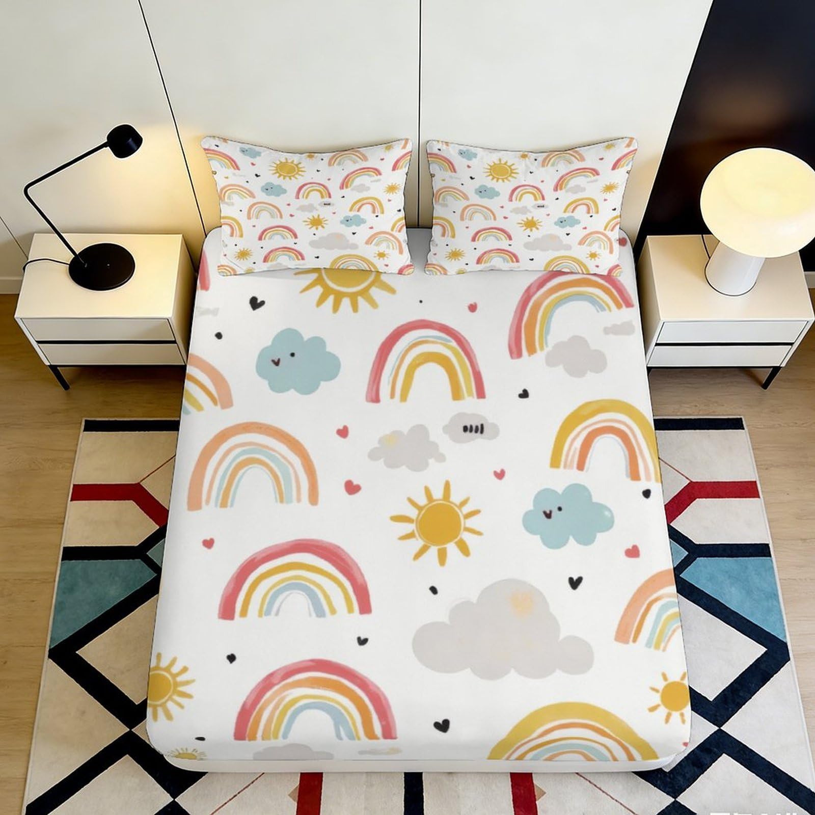 3D Printed Rainbow Sun Fitted Sheet Microfiber Clouds Bed Cover for Bedroom Dorm Easy Care Mattress Protection 90x200x25cm