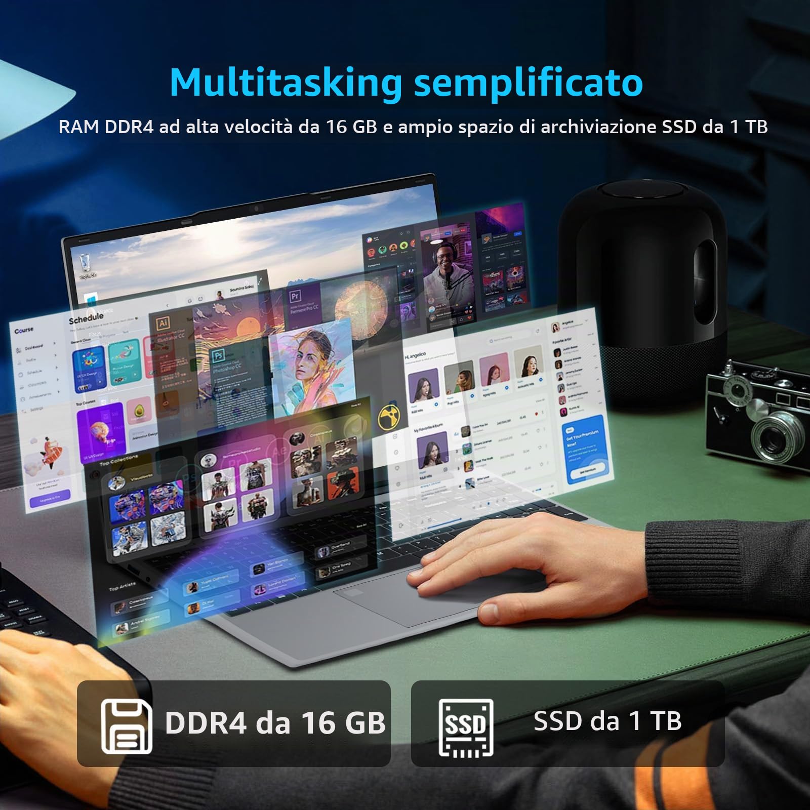Portatile PC 15,6 pollici con Office 365, Notebook 16GB RAM SSD 1 TB Celeron N95, Computer portatile 1920 * 1080 FHD WiFi5, Win 11 Pro Laptop con Touch ID tastiera retroilluminata full size