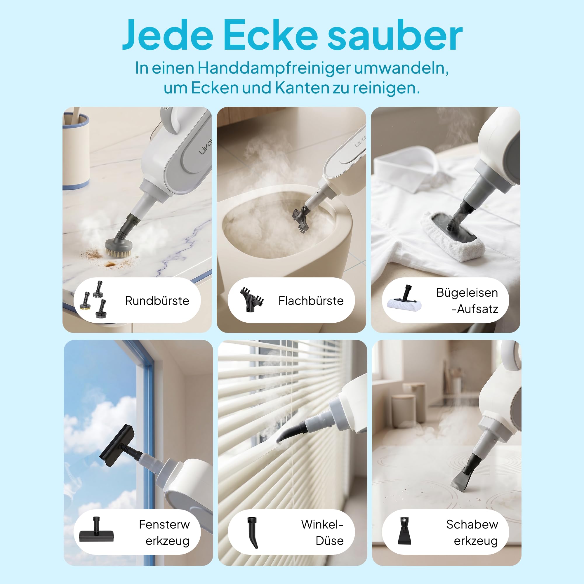 Livatro 13-in-1 Dampfreiniger für Böden mit abnehmbarem Handgerät | Bis zu 130 °C Heißdampf, 3 Dampfstufen, bis zu 30 Min. Dampfreinigung, 5-m-Kabel für Fliesen, Fenster, Küche und Bad