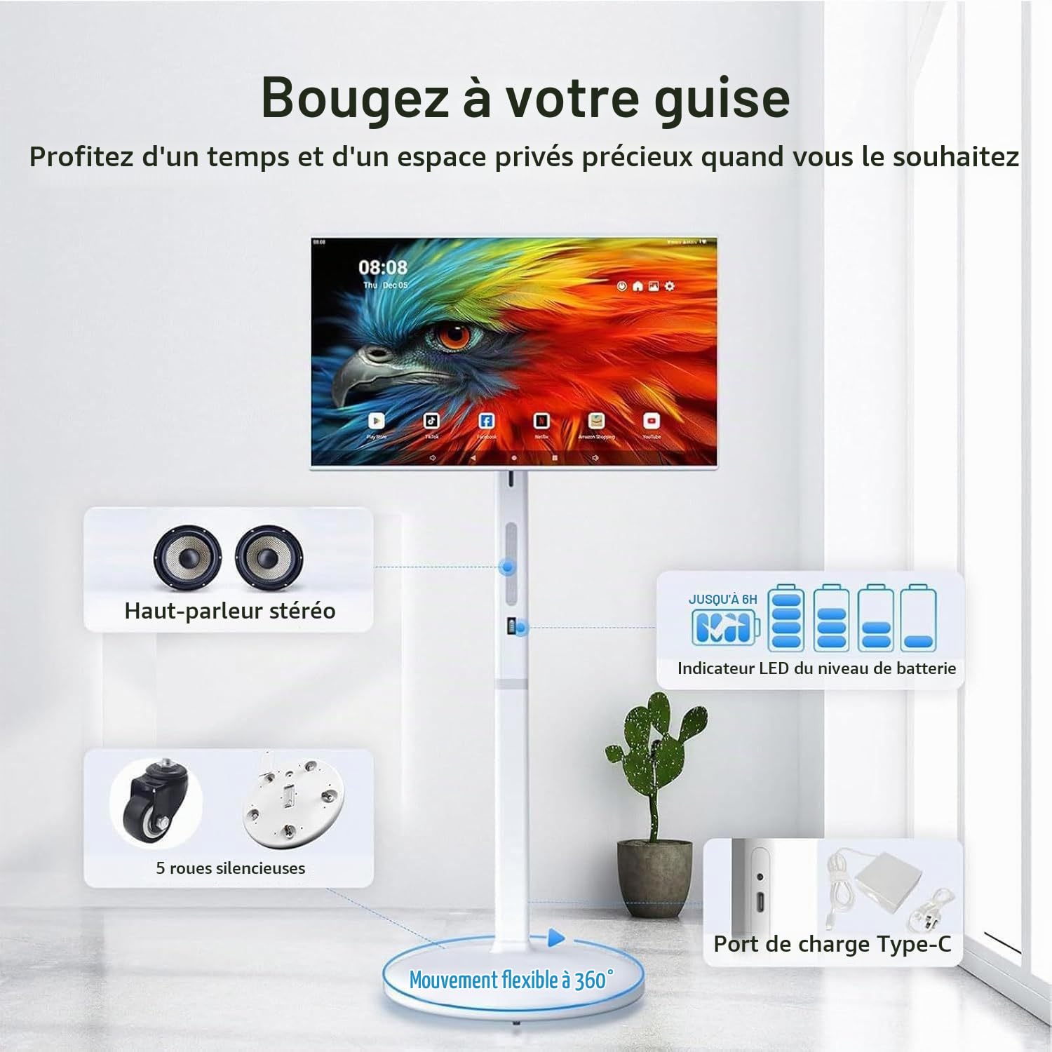 Téléviseur intelligent portable avec écran tactile,résolution 1080p,sur roulettes,pied de sol réglable et rotatif à 360°,batterie intégrée de 8 heures,Système d'exploitation Android 13 21.5in-8G128G
