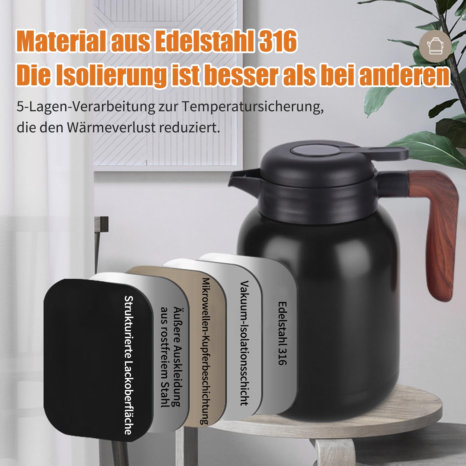Thermoskan 1L: isoleerkruik met temperatuurweergave, theepot thermobeker 12 uur, grote opening, drukknop koffiekan met hygiënisch hardglasinzetstuk voor koffie, warme dranken