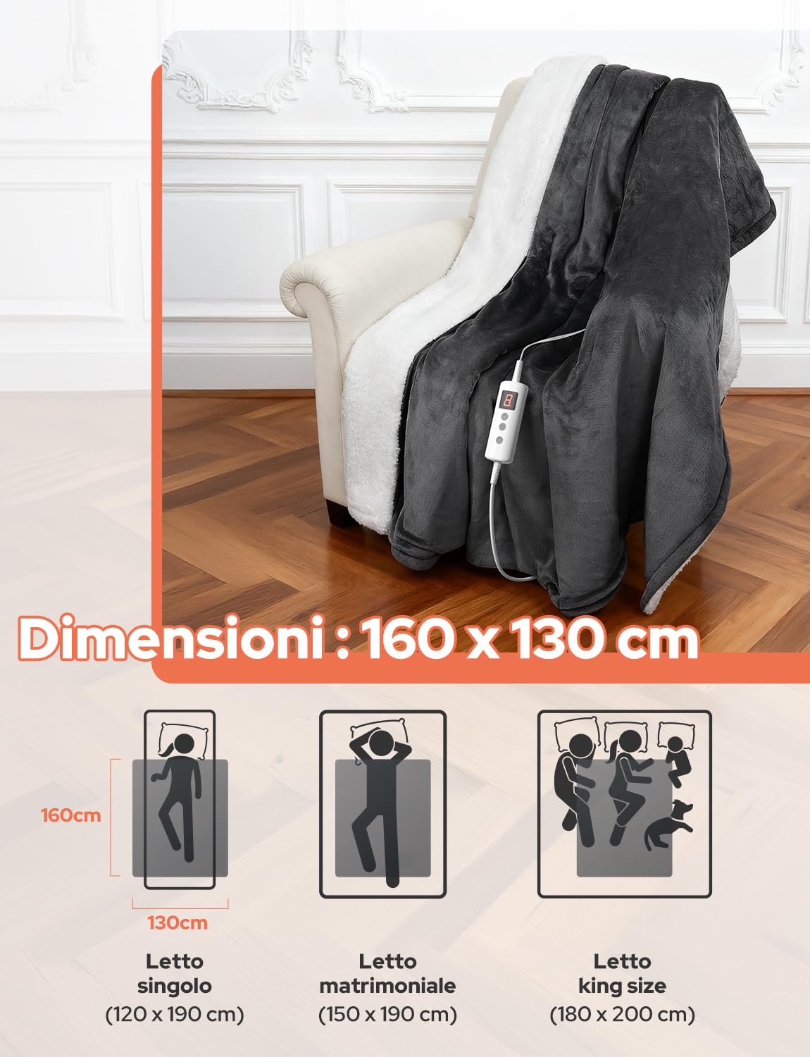 Coperta Termica Elettrica 160x130cm,Schermo LED-10 Livelli Temperatura,9 Impostazioni di Timer,Microfibra+Pile di Agnello,Lavabile,Riscaldamento Rapido,Spegnimento,Automatico-Grigio Scuro
