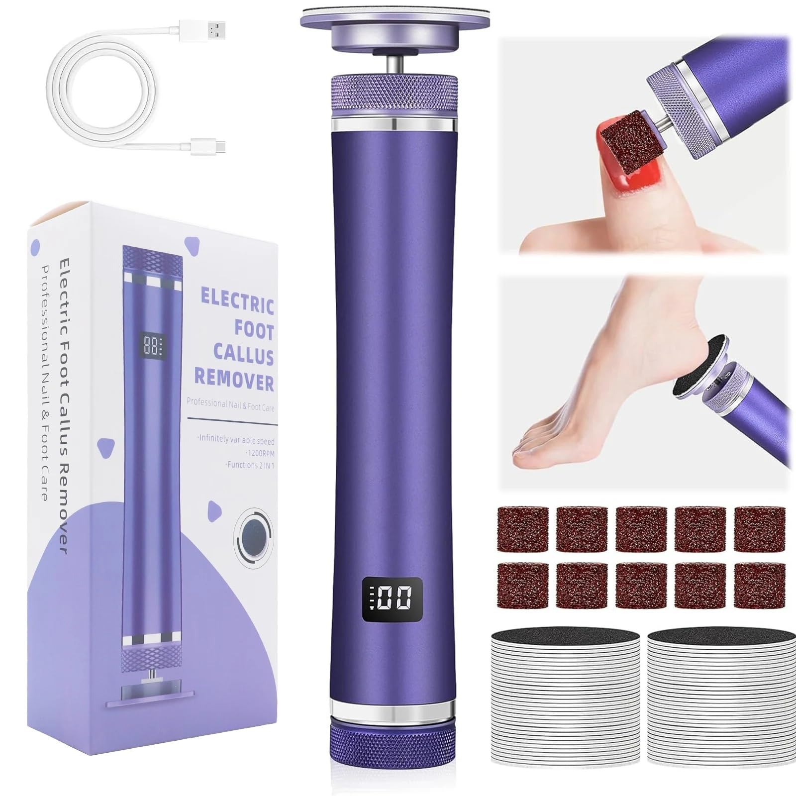 Lima De Pie Lima eléctrica for pies: removedor de callos, velocidad ajustable y 60 discos de lija, herramienta profesional for pedicura.(Purple)