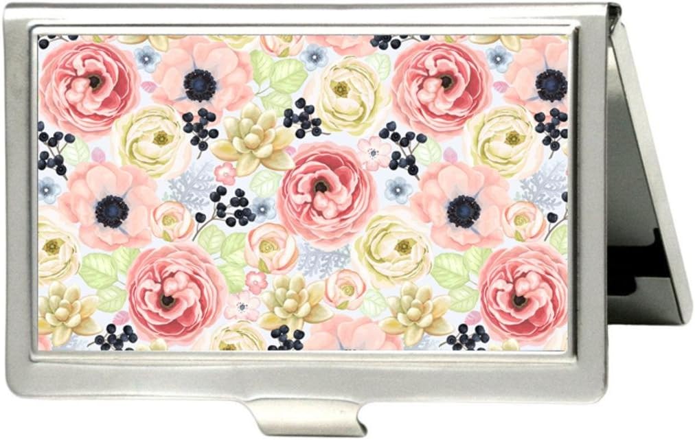 Udoosun Custom Business Bank Name Card Case Holder Silver Box Pocket Credit Card ID Wallet (Anemones Ranunculus Succulents and Wild Privet Berry)