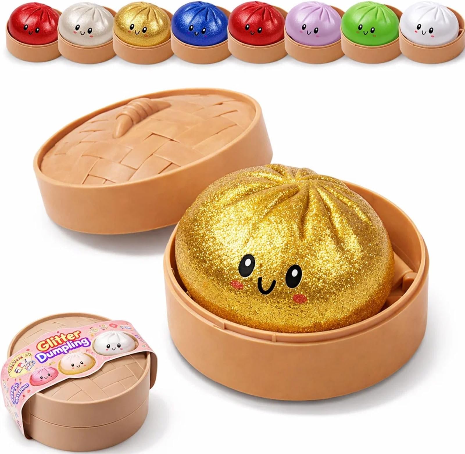 Dumpling Squishy, Squishy Dumpling Toy, Glitter Dumplings Squishiest Toy with Steamer Box, Stress & Anxiety Relief Toys for Kids & Adults Non-Edible (Gold)