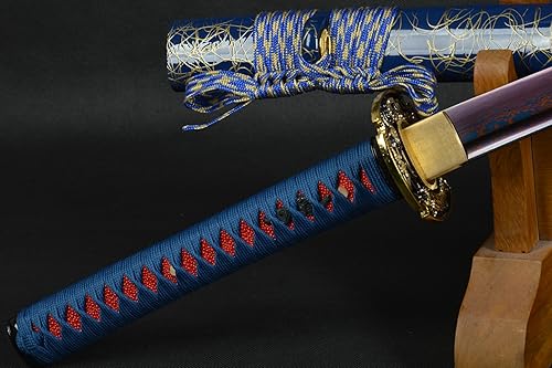 Miniatura 4 de Espada samurái japonesa afilada real de hoja de acero doblada azul hecha a mano Katana de espiga completa