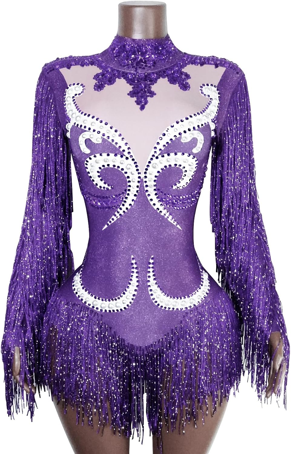 Sexy Women Spandex black leotard Sparkly rhinestones Pearl Tassel sleeve Team Performance Club Pole Dance Drag Queen Costume