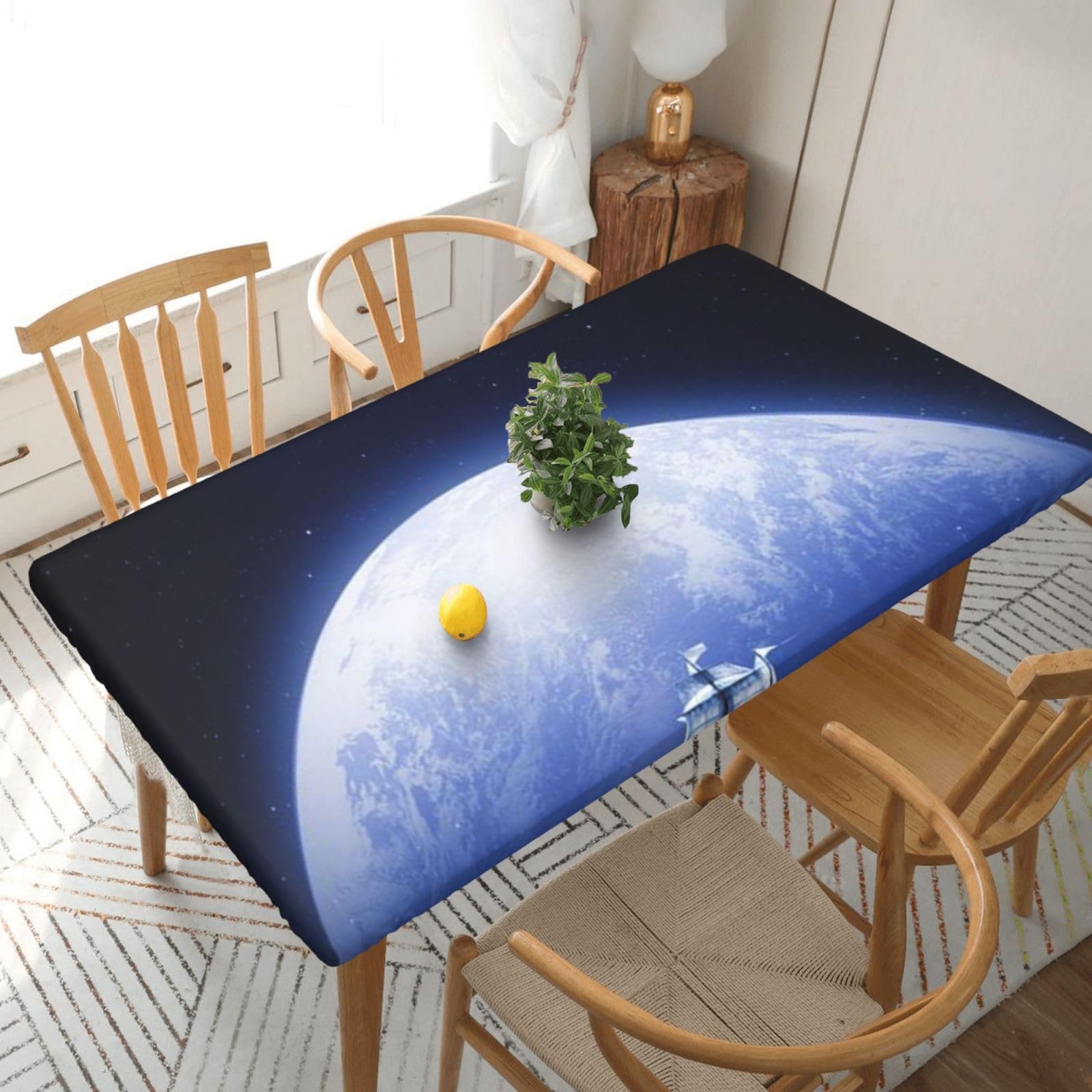 DCEHGEW Elastic Fitted Rectangle Tablecloth for 5ft Tables, Nautical White Ship Printed Oilproof & Washable Fabric Picnic Table Cloth Table Covers