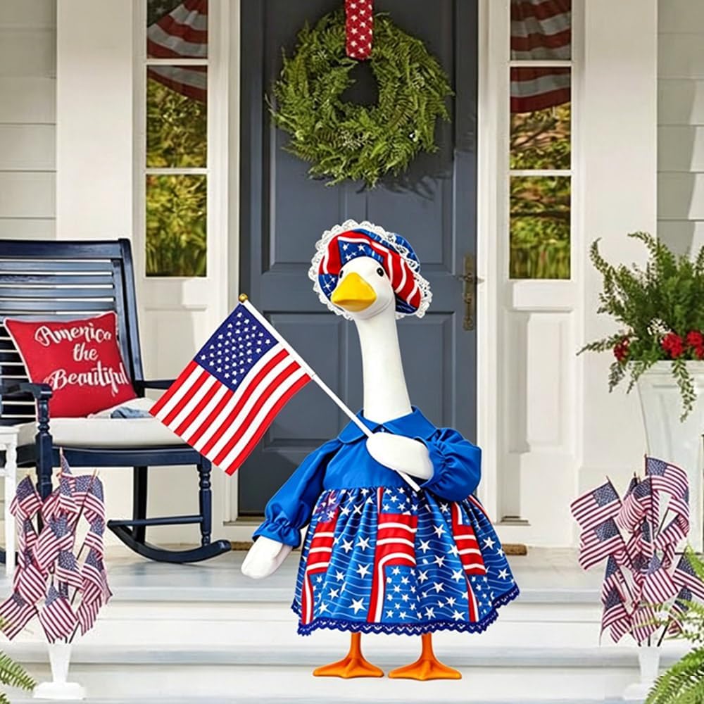 4th of July Patriotic Porch Goose Outfits for Large 23" H Statue, Red White Blue Dress Hat American Flag 3PCS Set Clothes Independence Day Costume for Lawn Garden Plastic Cement Statue Decoration