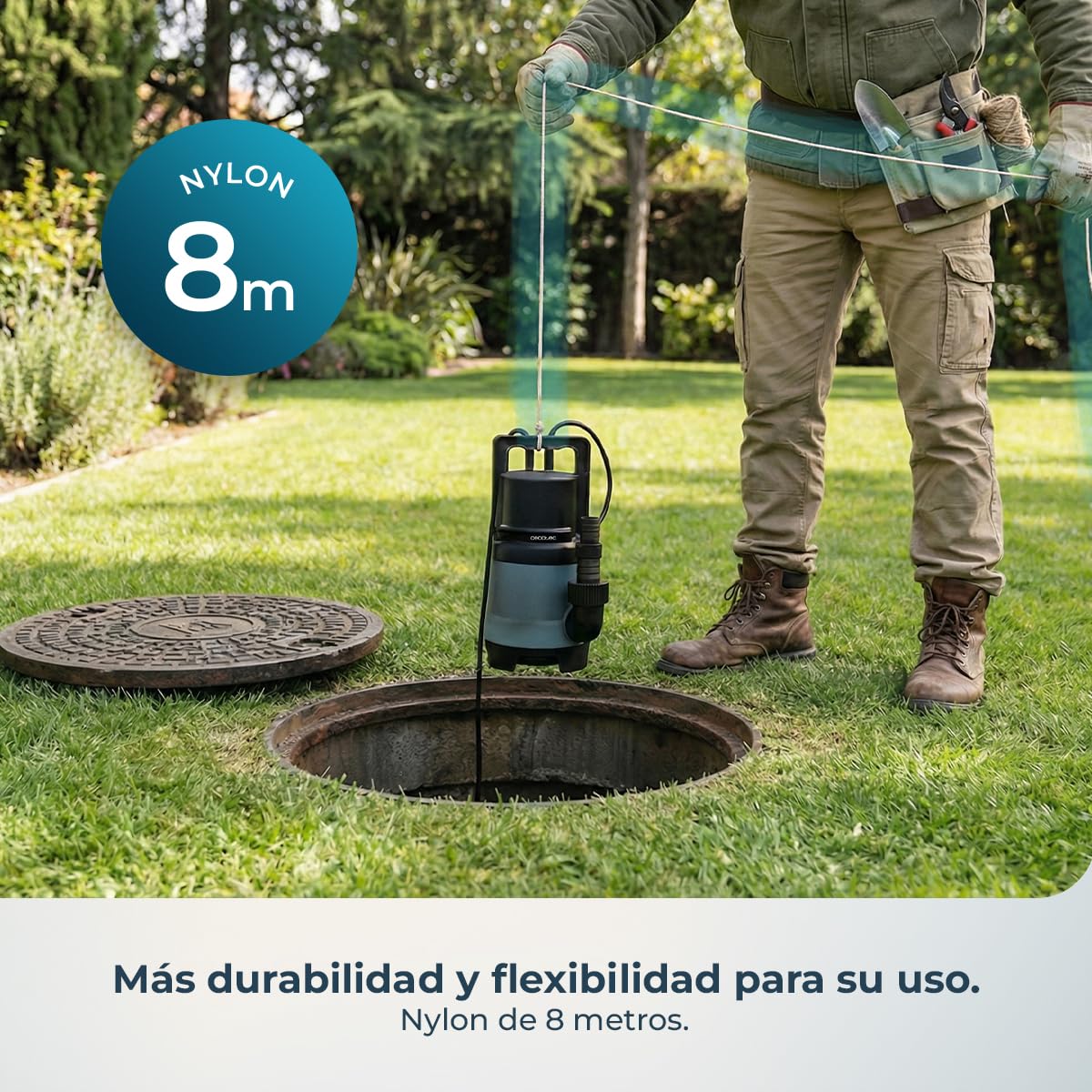 Cecotec Bomba de Aguas Sucias Axike 400 Dark. 400W, Caudal hasta 8000L/h, Altura Máx 5,5m, Profundidad 7m, Partículas hasta 25mm, Interruptor Flotante, IPX8, Cable 10m y Cuerda de Nylon 8m — view 10