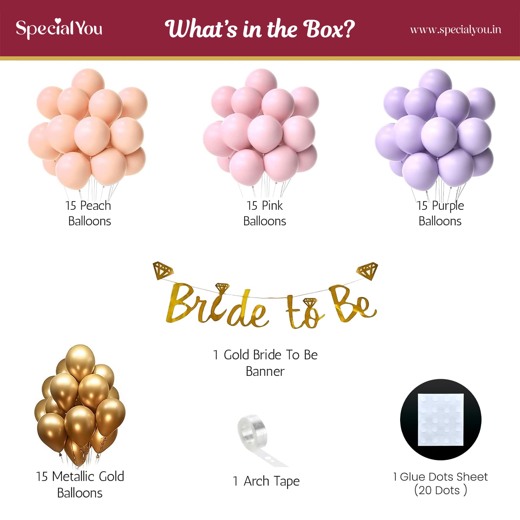 Specialyou.In Bride To Be Pink Theme Decoration Items For Girls With Pastel Purple, Pink, Peach And Metallic Gold Balloons And Gold Bride To Be Paper For Bachelorette Decorations- 63Pcs - Wedding