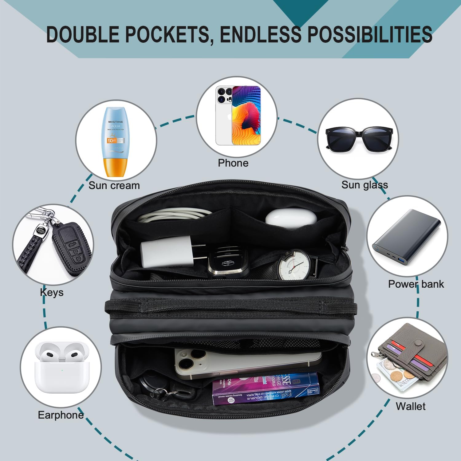 simptech Crossbody Bag With Bottle Holder Fanny Pack Sling Chest Bag Dual Main Pocket Water Resistant Waist Pack for Women Men Travel, Daily Use, Cycling, Hiking (New Black) - Image 4