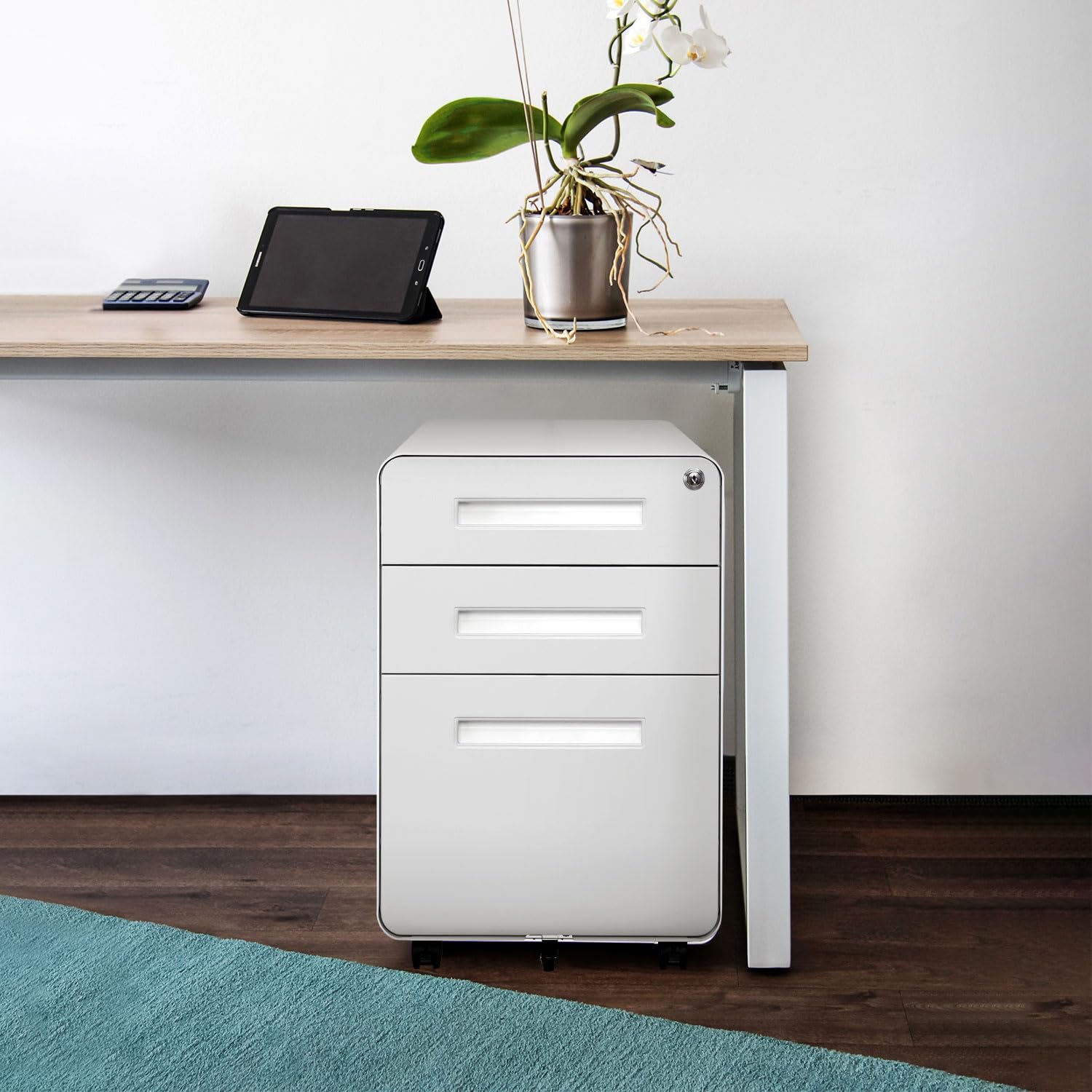 HJH Office 743015 Piedistallo mobile COLOR PLUS I Acciaio Bianco Cassettiera con rotelle, cartella sospesa A4, chiusura a chiave