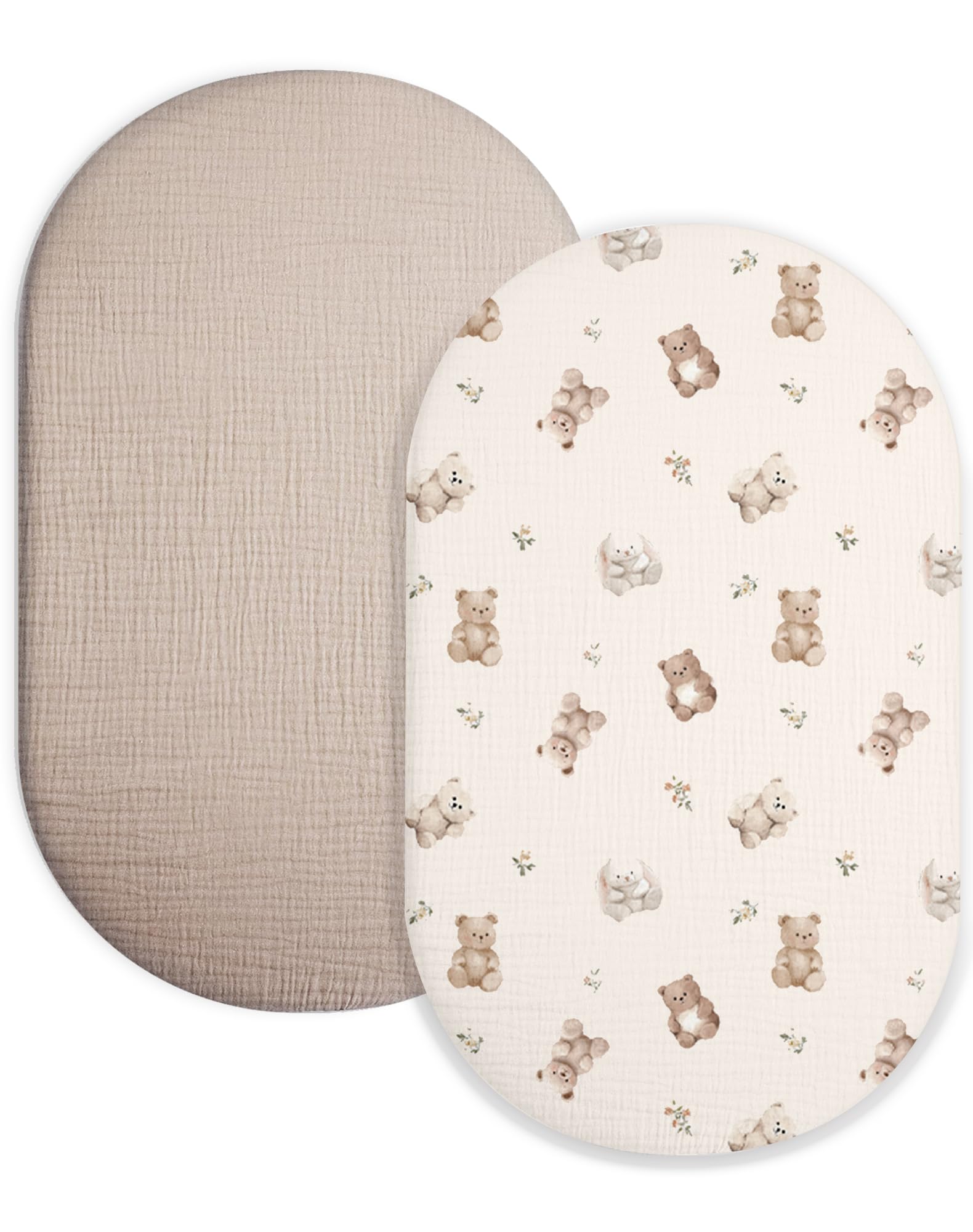 Muslin Bassinet Sheets 2 Pack, 33" x 17", (Teddy &amp; Friends)