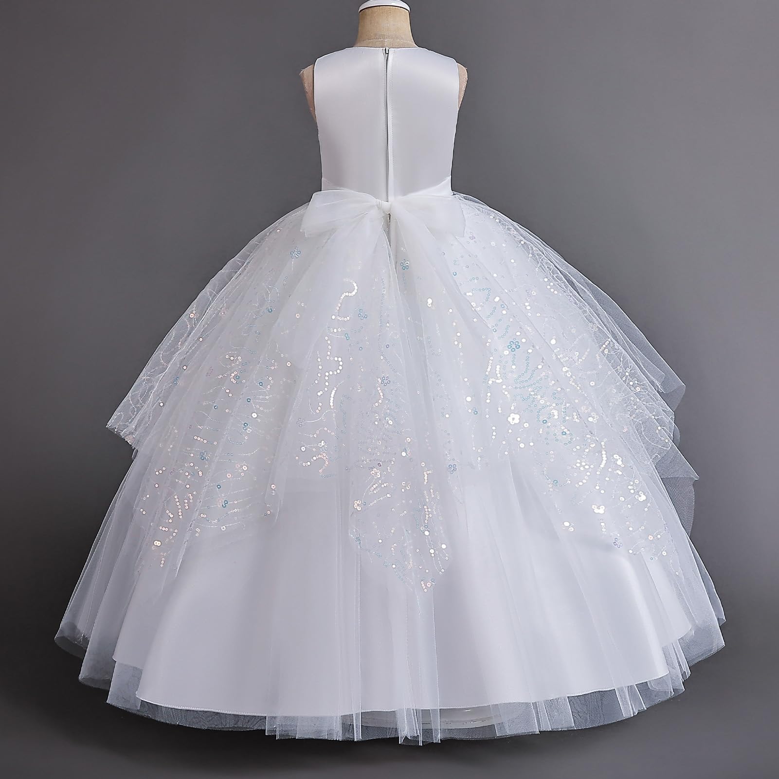 IBAKOM Robe de demoiselle d'honneur pour fille - Robe d'été sans manches avec nœud et paillettes - Robe de princesse en tulle pour enfants de 4 à 13 ans pour mariage
